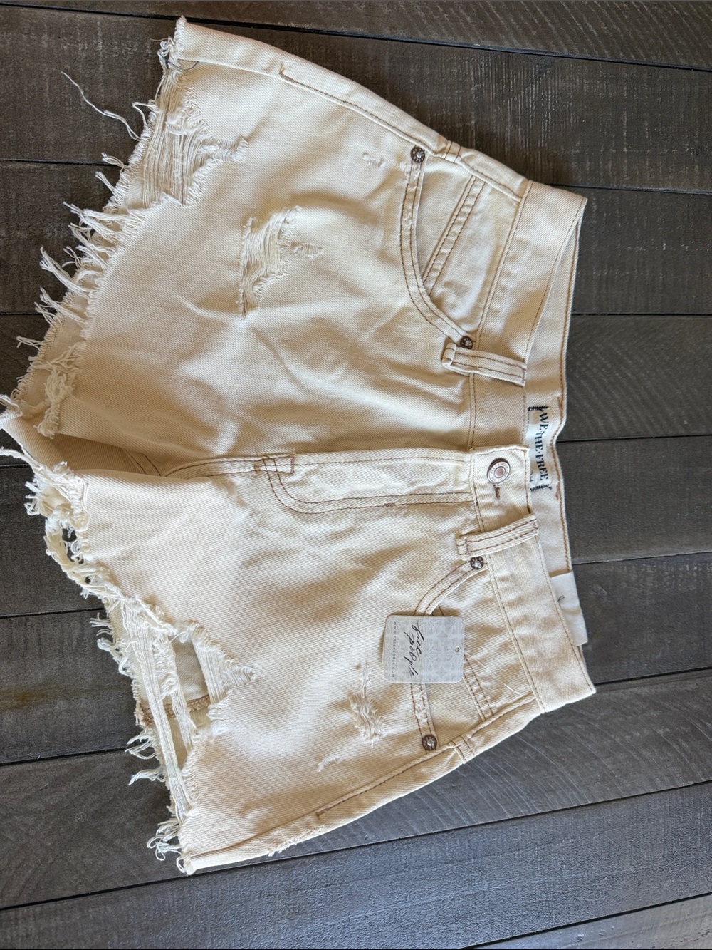 New Free People Distressed Cream Denim Shorts
